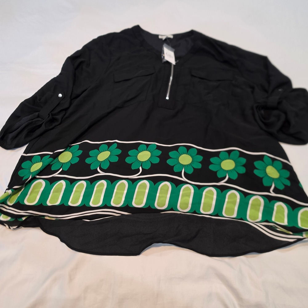 Cato Blouse Womens 18/20W Black Green Floral Zip Roll Tab NEW 1449